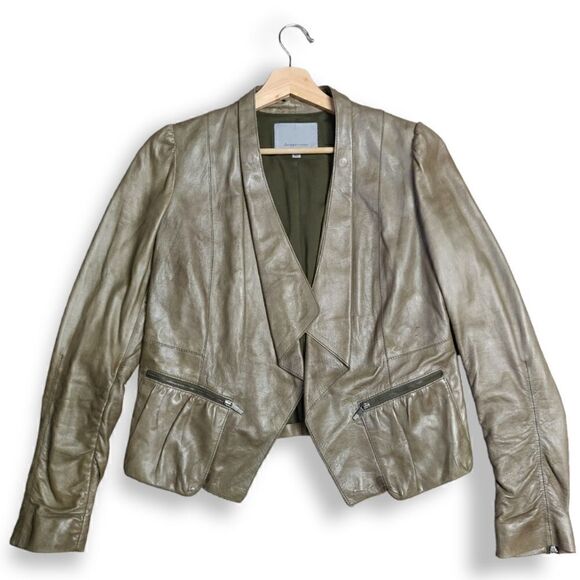 CLASSIQUES ENTIER 100% genuine lamb leather olive green open front jacket blazer - Picture 1 of 7